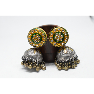 ต่างหูทรงห่วงแบบจhumka ทำมือ ดีไซน์สวยงาม ทันสมัย ปี 2025  ตกแต่งด้วยหินมีนาการี  ผิวด้าน  ทองเหลือง  สองสี  สำหรับเด็กผู้หญิงและผู้หญิง - Product Image 1