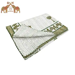 Dicetak Hijau Pohon Palem Buatan Tangan Kantha Bedcover Twin Queen King Ukuran Kantha Seprai Matelasse