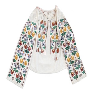 Blusa de Organza Bordada con Flores Estilo Bohemio para Mujer, Manga Larga, Cuello Redondo, Corte Holgado, Transpirable, de Algodón, para Primavera, Verano y Uso Diario - Product Image 1