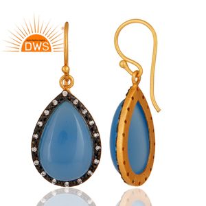 Boucles d'oreilles en argent plaqué or 18k, fabrication de bijoux indiens en argent, Cabochon de calcédoine bleue, boucles d'oreilles goutte - Product Image 3