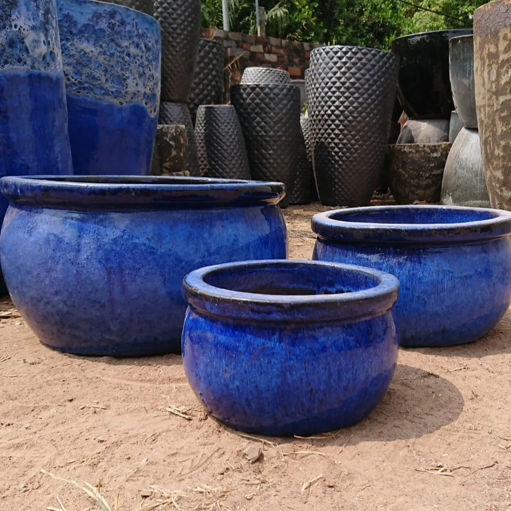 Blau Rund glasiert/Set mit 3 Keramik-Außen töpfen/Garten töpfen/Blaue Keramik töpfe