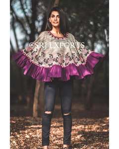 Custom Design Women's Beachwear <b>Purple</b> Frill Slub Khadi Circular Embroidered long sleeve Sexy Short Kaftan Beach Cover Ups - Product Image 1