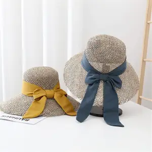 Women Grey Woven Seagrass Boater Hat Casual Sun Beach Wide Brim Summer Hat Unisex Straw Hats