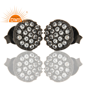 Pave <b>Set</b> Natural White Topaz Gemstone <b>Stud</b> <b>Earring</b> Black Rhodium Plated Round Shape <b>Stud</b> <b>Earring</b> <b>Silver</b> Jewelry Wholesaler - Product Image 2