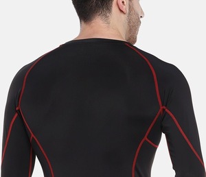 T-shirt manches longues et col rond pour homme, haut de couleur noire unie, avec compression, séchage rapide, fitness, avec matériau de haute qualité - Product Image 5
