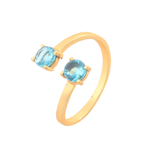 Bijoux fantaisie minuscule rond quartz bleu suisse double pierre réglable déclaration anneau plaqué or terne broche ensemble avant anneaux ouverts - Product Image 1