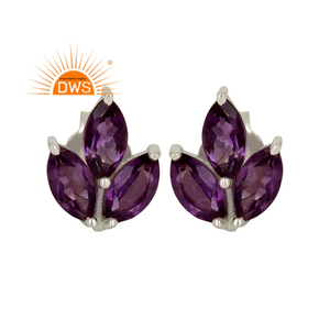 ต่างหูพลอยอเมทิสต์ธรรมชาติ ดีไซน์ใบไม้เล็กๆ เงินแท้ ผลิตโดยผู้ผลิตเครื่องประดับ - Product Image 1