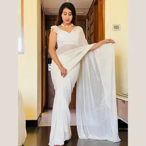 latest chiffon material white colour saree with blouse wholesaler price in Surat Gujarat for cheap rate by royal export
