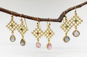 Pendientes de plata de ley 925 con topacio azul y turmalina, pendientes con gema de piedra lunar, chapado en oro y plata - Product Image 6