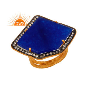 Bague en argent sterling plaqué or avec pierre précieuse aventurine bleue sertie à griffes, faite à la main, style indien, vente en gros de bijoux - Product Image 1