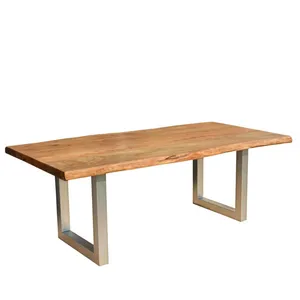 Mesa de jantar de madeira de acácia e ferro de madeira, novo design regular, mesa de jantar feita à mão em madeira com artesanato na forma de u, conjunto de sala de jantar