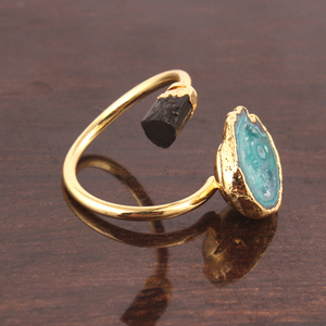 แหวนปรับขนาดได้สำหรับผู้หญิง ประดับด้วยพลอยทัวร์มาลีนสีเขียวธรรมชาติแบบหยาบ และแหวนพลอยเจอดรูซี่สีเขียวน้ำมัน ชุบด้วยไฟฟ้า ประดับด้วยพลอยสองเม็ด - Product Image 3