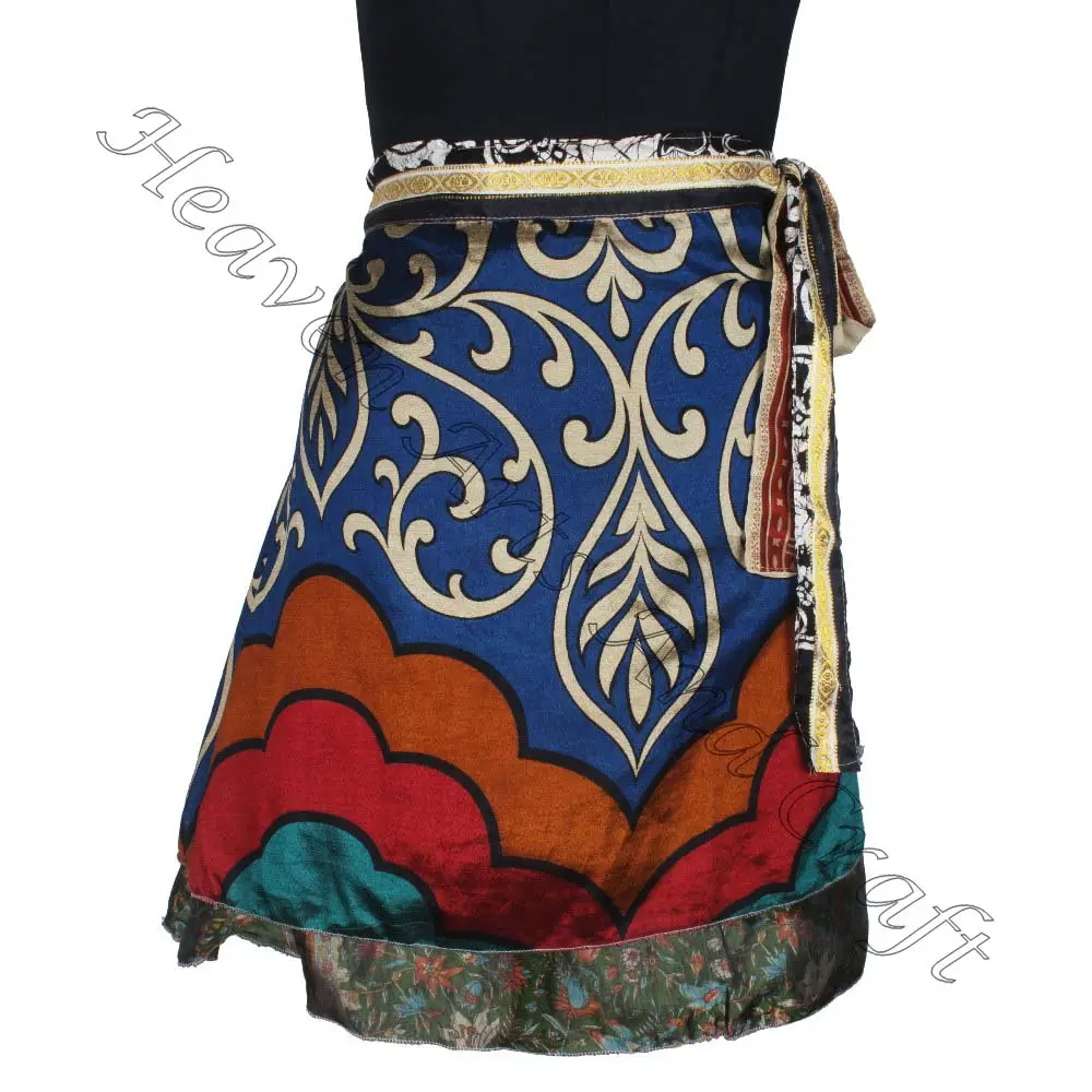 Le donne Sari di seta Vintage indossano abiti da spiaggia a due strati avvolgenti Mini gonna reversibile abito magico Boho Boho Hippie Gypsy Mini