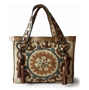 New Arrival KAMARVY Vintage Bohemian Fashion Cotton Canvas Two-<b>Strap</b> <b>Shoulder</b> Shopping Bag Ethnic Embroidery Beaded Zipper - Product Image 1