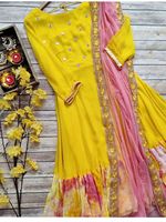 Robe Anarkali jaune à miroir pour femmes, tunique de travail, avec respirateur Dupatta, prêt à porter, nouvelle collection