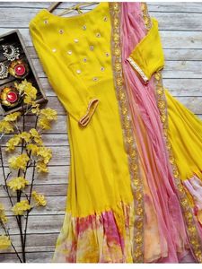 Vestido Anarkali con espejo amarillo para mujer, vestido listo para usar - Product Image 4