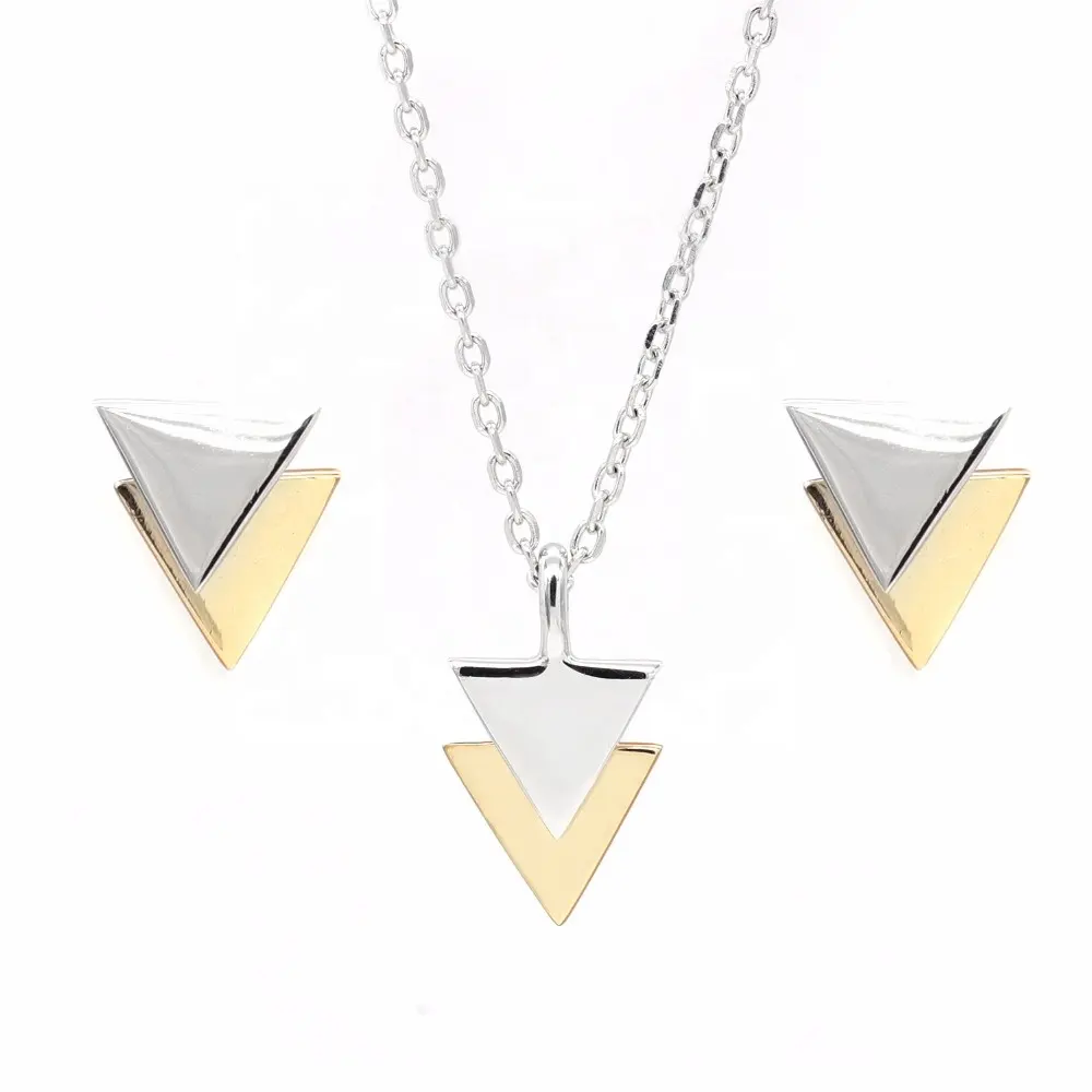 925 Sterling Silver Rhodium and Gold Plated Plain Triangle Fashion Pendant Necklace and Stud Earrings Jewelry Set