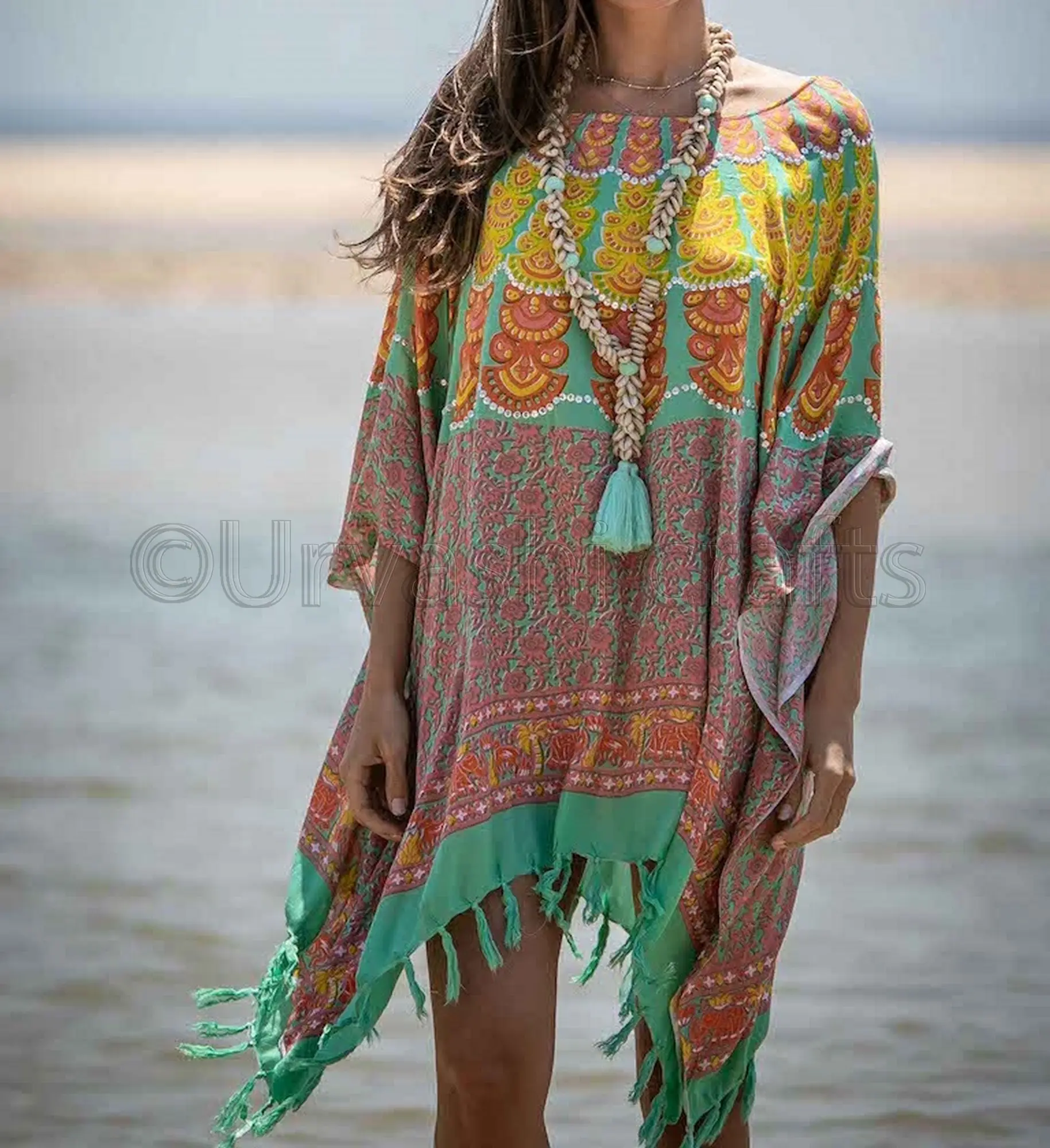 Hint dijital Mandala baskılı kısa Kaftan kadın giyim yarım kollu sıralı çalışma Beachwear Kaftan