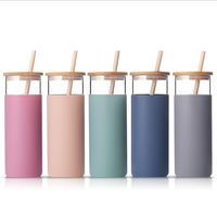 Tasse à manche en Silicone Portable de haute qualité, couvercle en bambou, gobelet en verre, bouteille d'eau en verre, paille