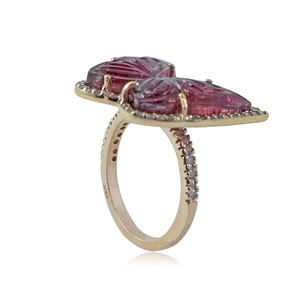 Huitan — bague traditionnelle en Tourmaline naturelle, or jaune, bijou blanc, pavé diamant, papillon, nouveau Design 2020, 14K - Product Image 3