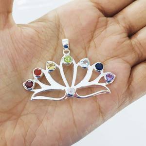 925 argent Sterling mignon Style Chakra coupe pendentif large forme de Lotus avec multi pierres précieuses lunette ensemble bijoux élégants - Product Image 5