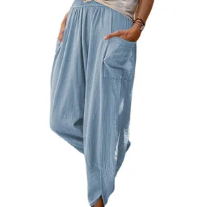 stock wholesale summer Casual wide leg cotton linen loose women pants beach pants