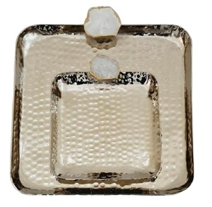 Plateau de service haut de gamme en acier inoxydable et poignée en agate pour la maison, hôtel et restaurant, ensemble de 2 pièces, plateau de service, plateaux de fruits - Product Image 1