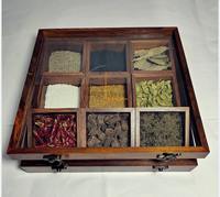 Premium Home Accessoires Sheeshamhouten rechthoekige kruidenbox met 9 compartimenten, gedroogd fruit, handgemaakte glazen deksel