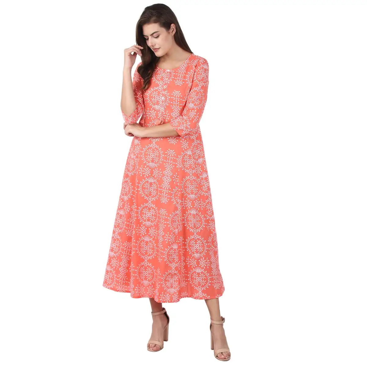 Màu Cam Đào Hình Học In Dài Anarkali Kurti Ấn Độ Nhà Thiết Kế Bông Kurti Quà Tặng Ngày Valentine Thủ Công Truyền Thống