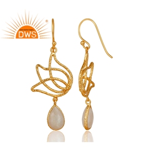 Boucle d'oreille en pierre de lune naturelle arc-en-ciel, livraison gratuite, plaqué or, argent Sterling, Design de Lotus, vente en gros - Product Image 2