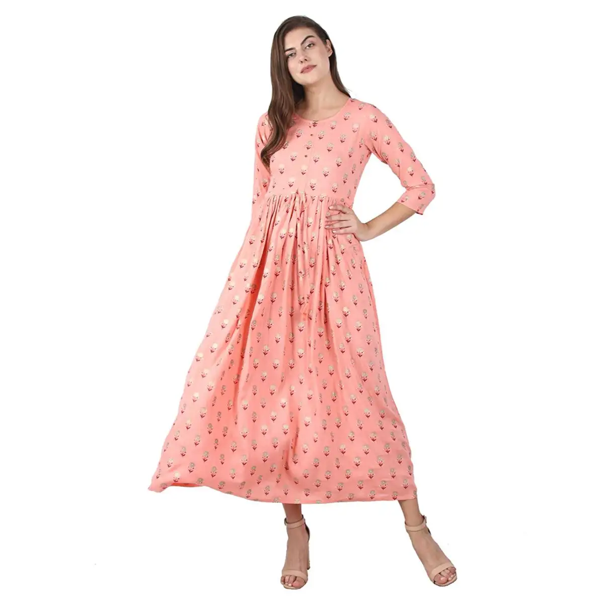 Rose Roze Bloemen Gedrukt Anarkali Kurti-Indian Ontwerpers Katoen Vrouwen Zomer Jurk Casual Jurken Maxi Lange Strand Jurken Losse