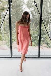 Fashionable trending latest design <b>sexy</b> women pink color crepe fabric square Collar sleeveless knee women length linen <b>dress</b> - Product Image 2