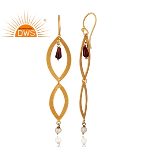 New Designer Gold Plated Silver Hook <b>Dangle</b> <b>Earrings</b> Natural Garnet & White Pearl Gemstone Jewelry Wholesaler - Product Image 3