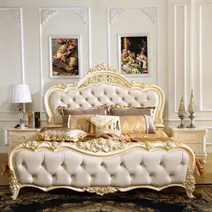 Lüks yatak odası takımı lüks karyola iskeleti el oyma tasarım altın aksan ile yapılan tik katı ahşap altın rengi yatak odası mobilyası