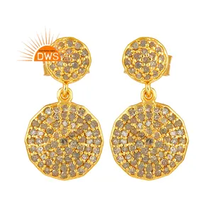 Pave Set Diamond Disc Dangle Earrings Jewelry Handmade 14k Yellow Gold Plated Sterling Silver Earrings Classic Collection