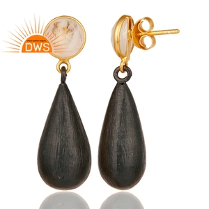 Rainbow Moonstone ต่างหูเครื่องประดับอัญมณีผู้ผลิตสีเหลืองทอง Plated Pure 925เงิน Dangle Drop ต่างหู - Product Image 3