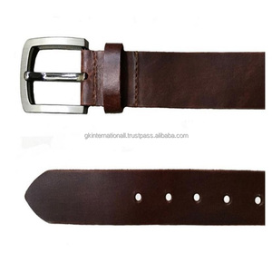 Cinturón de cuero de dos tonos hecho a mano para hombre, lujoso cinturón informal de acabado encerado, liso con hebilla de latón plateado pesado - Product Image 3