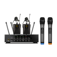 Sistema Inalámbrico Profesional de Karaoke UHF de 4 Canales, Micrófono de Solapa, Micrófono de Cuello con Graves y Agudos, Micrófono de Diadema para Artistas