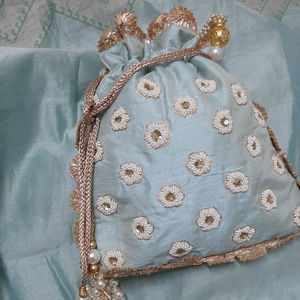 Newest 2024 Fashionable Silk Bucket Party Bag with Beautiful Pearls and Zari Embroidery Perfect for <b>Weddings</b> and Special Events - Product Image 1