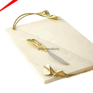 Plateau de service rectangulaire en marbre blanc, écologique, 10 pièces, avec décor, à poignée dorée en métal, pour décor de mariage - Product Image 1