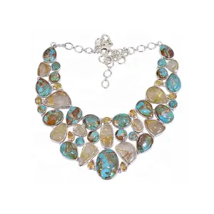 Collier multi pierres précieuses turquoise en argent sterling 925 massif Beaux bijoux en argent tendance - Product Image 1