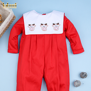 ODM OEM Barboteuse smockée à manches longues pour bébés garçons avec broderie de renne Winter-BB1328 100% coton - Product Image 4