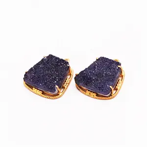 Natural gemstone single bail diy blue sugar druzy earring connector pair components gold plated fashion earrings supplies