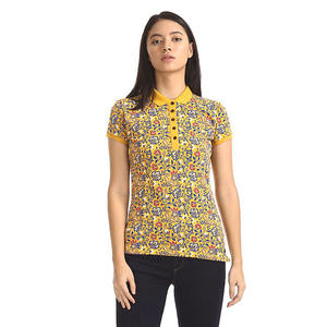 OEM venta completa de alta calidad personalizar amarillo pálido abstracto floral impreso Polo para las mujeres - Product Image 6