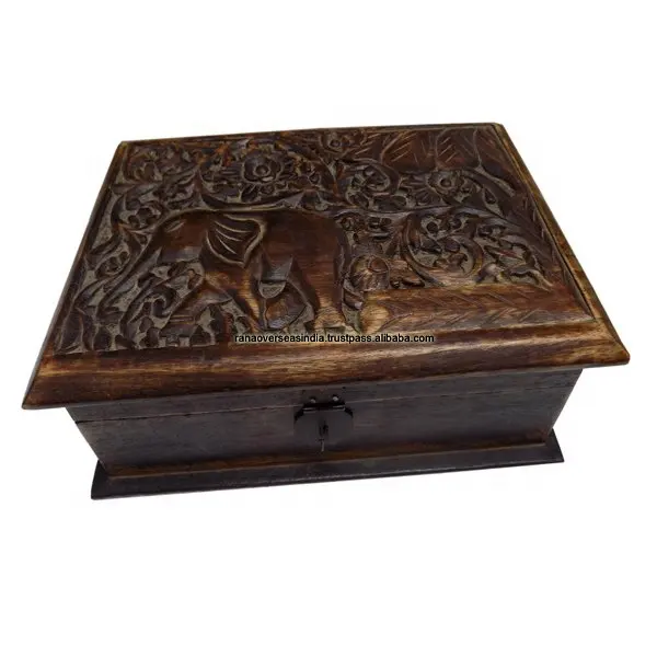 Handmade Decorative Wooden Trinket Storage Organizer Box With Elephant Motifs For Girls Jewels