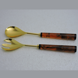 Resin & Wood Handle Gold Plated Latest Design Salad <b>Server</b> for Household Kitchen Cutlery Product Luxury Glossy Gold Salad <b>Server</b> - Product Image 5