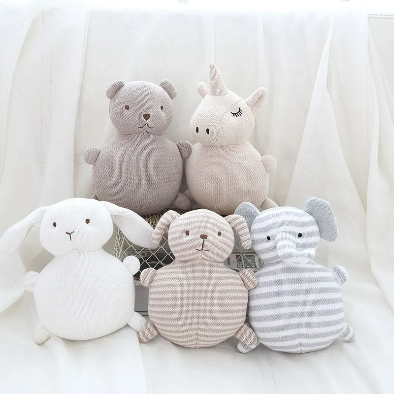 Wholesale Baby sleeping soothing doll with small bell inside Elephant Unicorn Rabbit Bear stuffed toys Crochet Plush animal