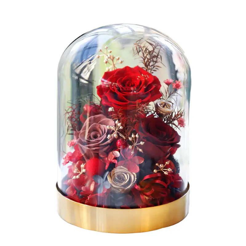 BLH Natural Preserved Roses In Glass Dome Gold Base Romantic Eternal Flower Valentine's Day Gift Wedding Decoration