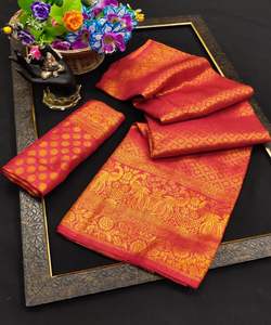 Banarasi Seda Jacquard Saree con Blusa Mujeres Desgaste Señoras Fiesta Festival Uso diario Algodón suave Seda Sari Venta al por mayor Precio bajo Alphanumero - Product Image 3