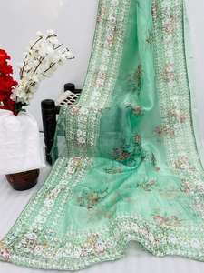 Banarasi-ropa de fiesta saree con diseñador surat, blusa de material bollwood india con blusa de color torque, venta al por mayor - Product Image 3